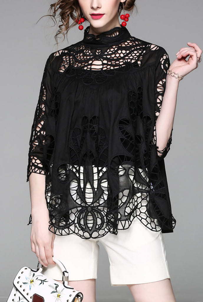 Casual Stand Collar Openwork Blouse&Camisole