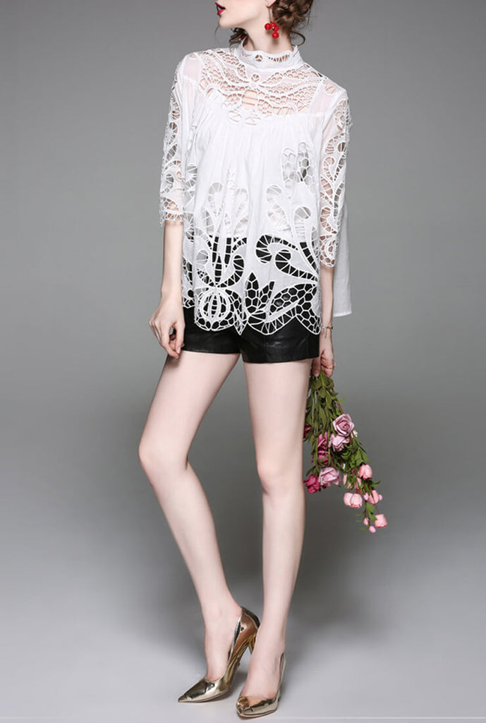 Casual Stand Collar Openwork Blouse&Camisole
