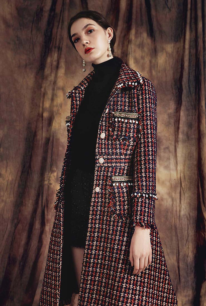 Classic Lapel Collar Tassel Tweed Long Coat