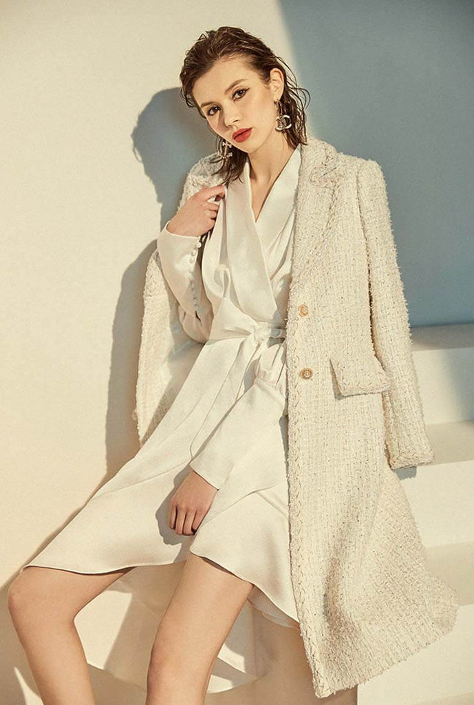 Classic White Tweed Long Trench Coat