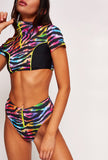 Colorful High Collar Active Swim Top And Bikini Bottom