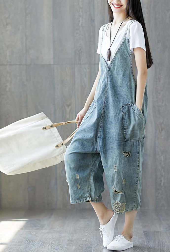Distressed Loose-Fit Denim Cropped-Leg Overalls