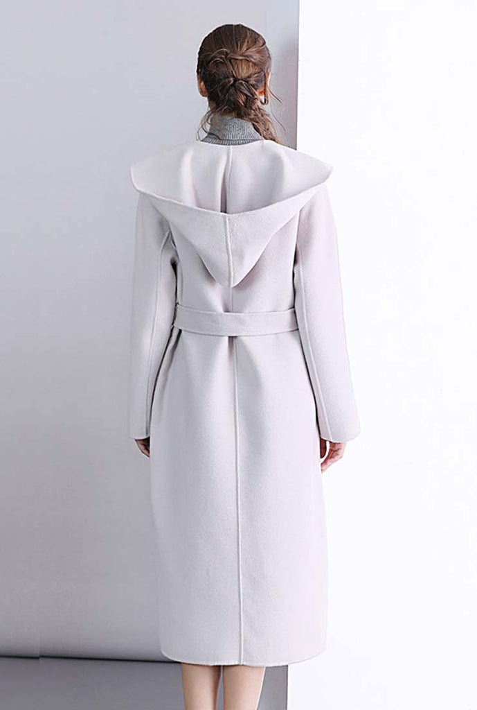 Double-faced Slim Belted Cashmere Hooded Wool Coat