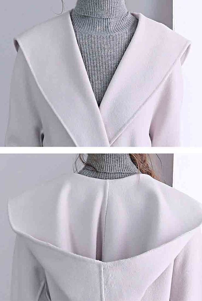Double-faced Slim Belted Cashmere Hooded Wool Coat
