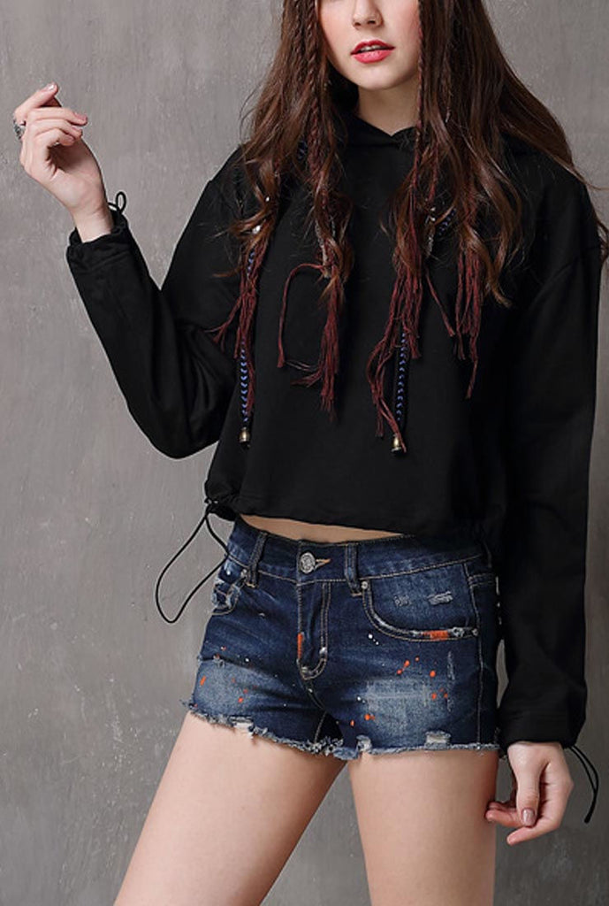 Drawstring Loose Shape Floral Embroidered Hoodie