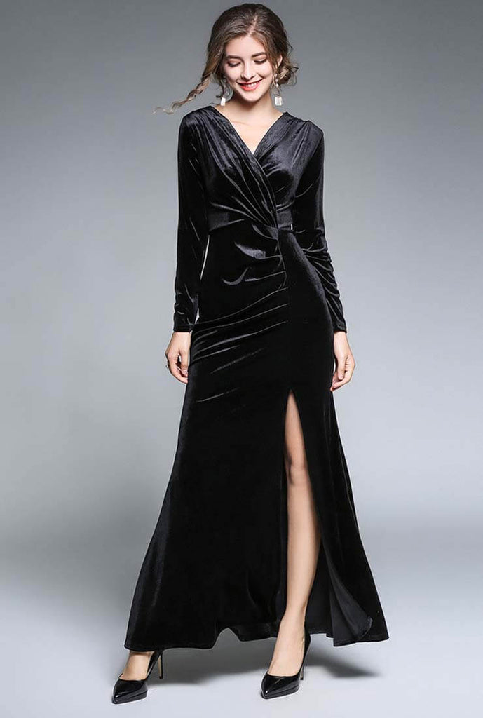 Elegant Split Velvet Ruched Maxi Dress
