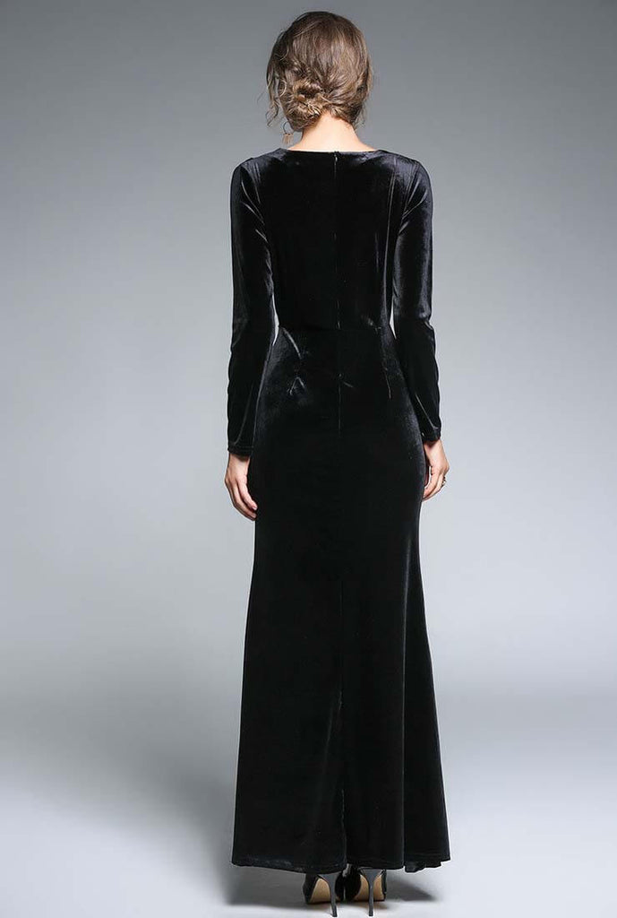Elegant Split Velvet Ruched Maxi Dress