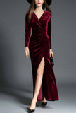 Elegant Side Slit Ruched Velvet Wrap Maxi Dress