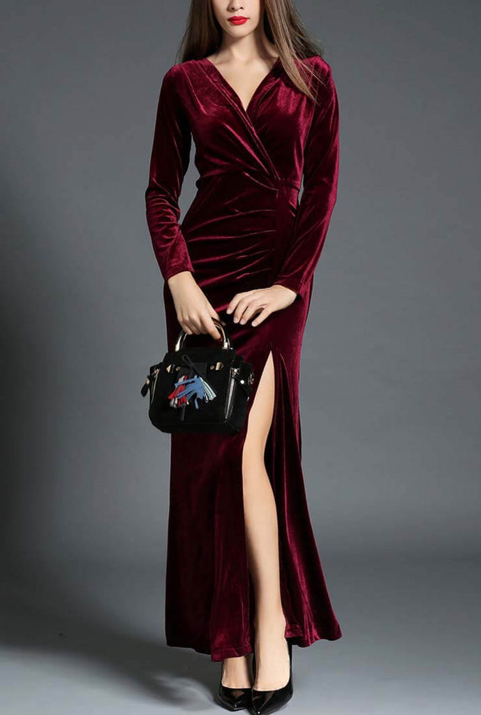 Elegant Side Slit Ruched Velvet Wrap Maxi Dress