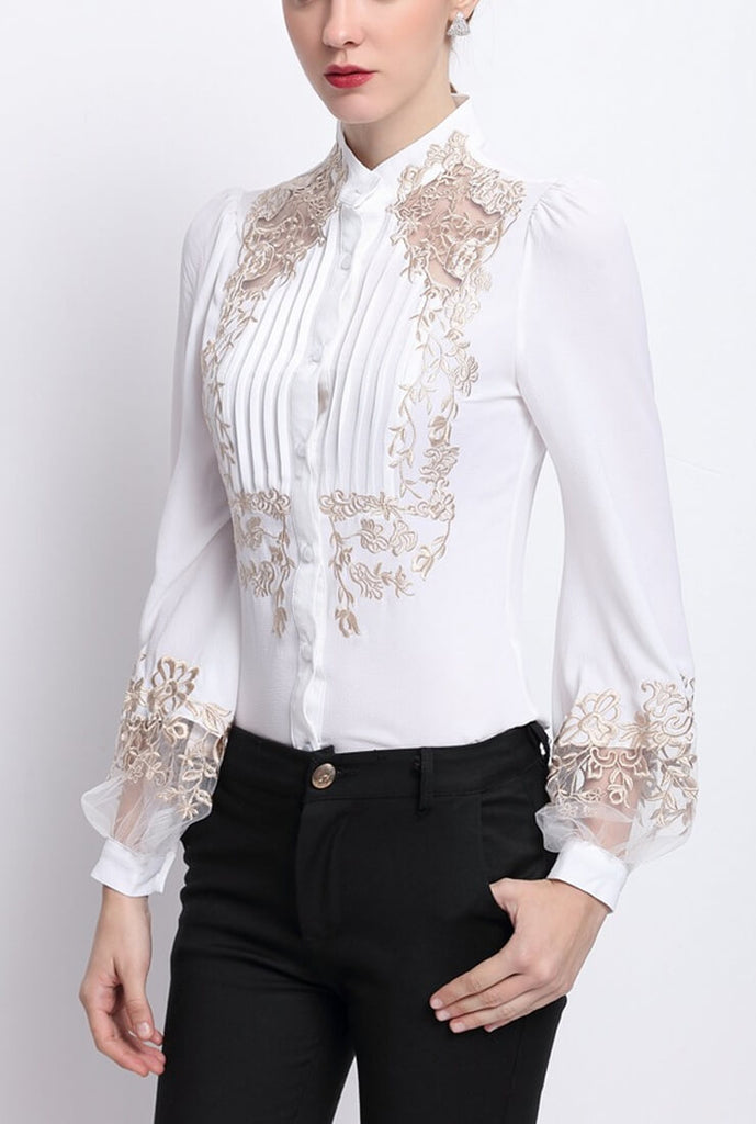 Embroidered Mesh Long Sleeve Shirt