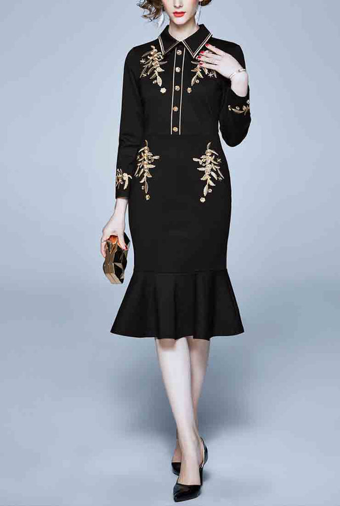 Embroidered Ruffled Bodycon Midi Dress