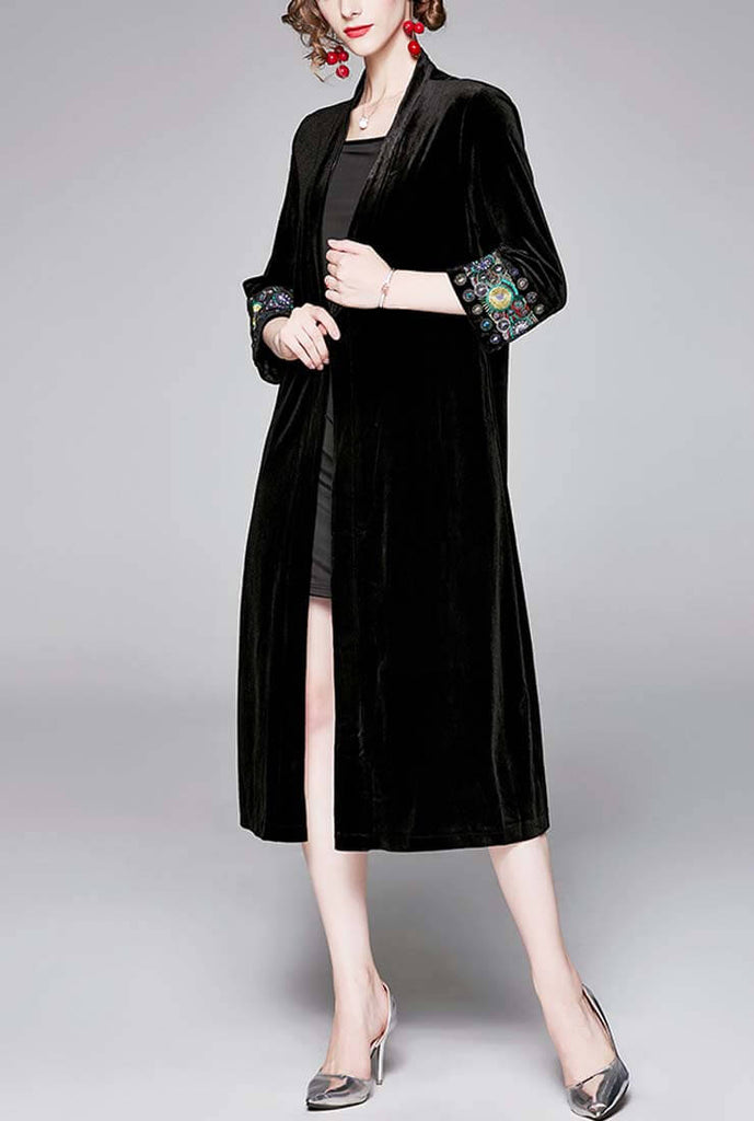 Embroidered Sleeves Black Velvet Cape Coat