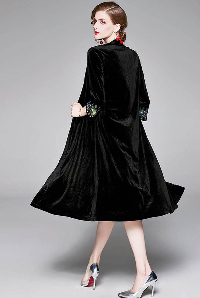Embroidered Sleeves Black Velvet Cape Coat