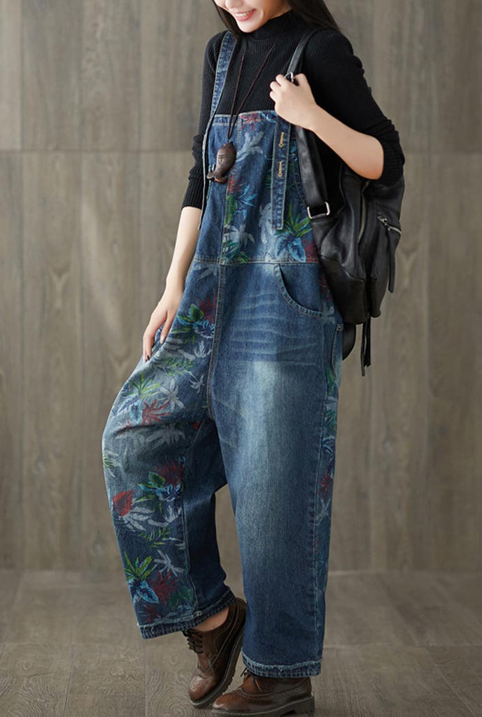 Floral Print Blue Denim Loose-Fit Wide-Leg Overalls