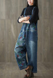 Floral Print Blue Denim Loose-Fit Wide-Leg Overalls