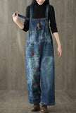 Floral Print Blue Denim Loose-Fit Wide-Leg Overalls