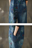 Floral Print Blue Denim Loose-Fit Wide-Leg Overalls