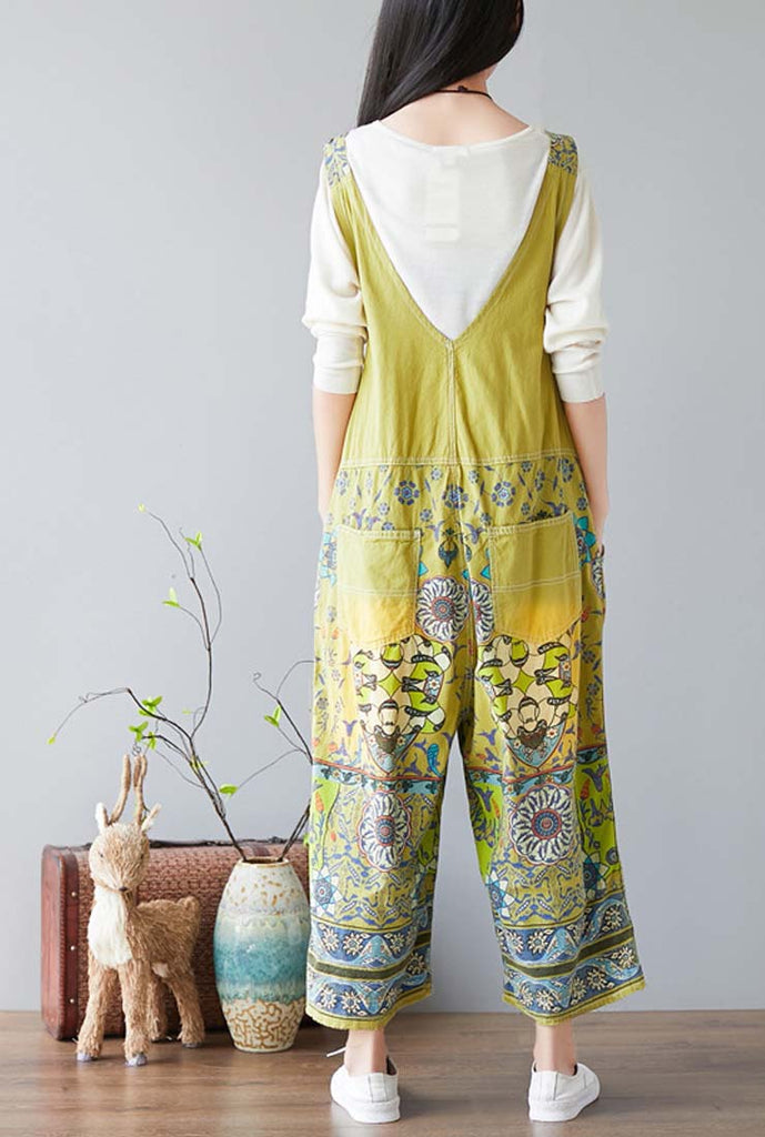 Floral Print Cropped-Leg Oversized Denim Overalls