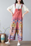 Floral Print Cropped-Leg Oversized Denim Overalls