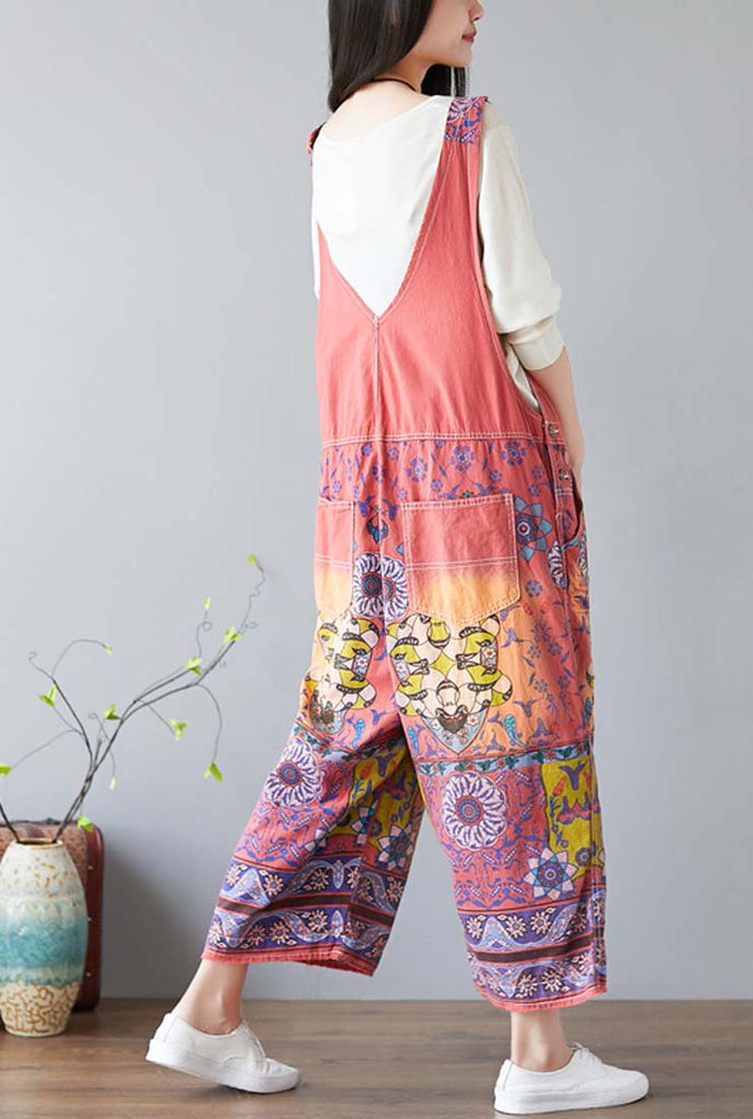Floral Print Cropped-Leg Oversized Denim Overalls