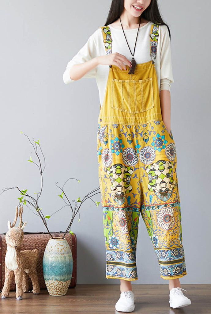 Floral Print Cropped-Leg Oversized Denim Overalls