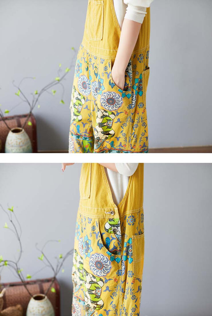 Floral Print Cropped-Leg Oversized Denim Overalls