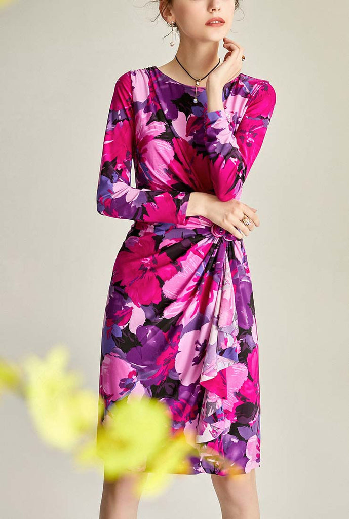 Floral Print Long Sleeves Midi Warp Dress