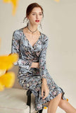 Floral Print V-neck Velvet Fishtail Midi Dress