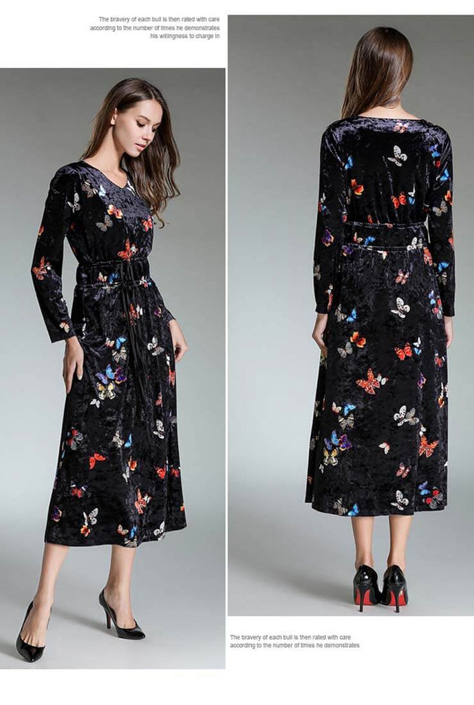 Floral Print Waist Drawstring Velvet Midi Dress