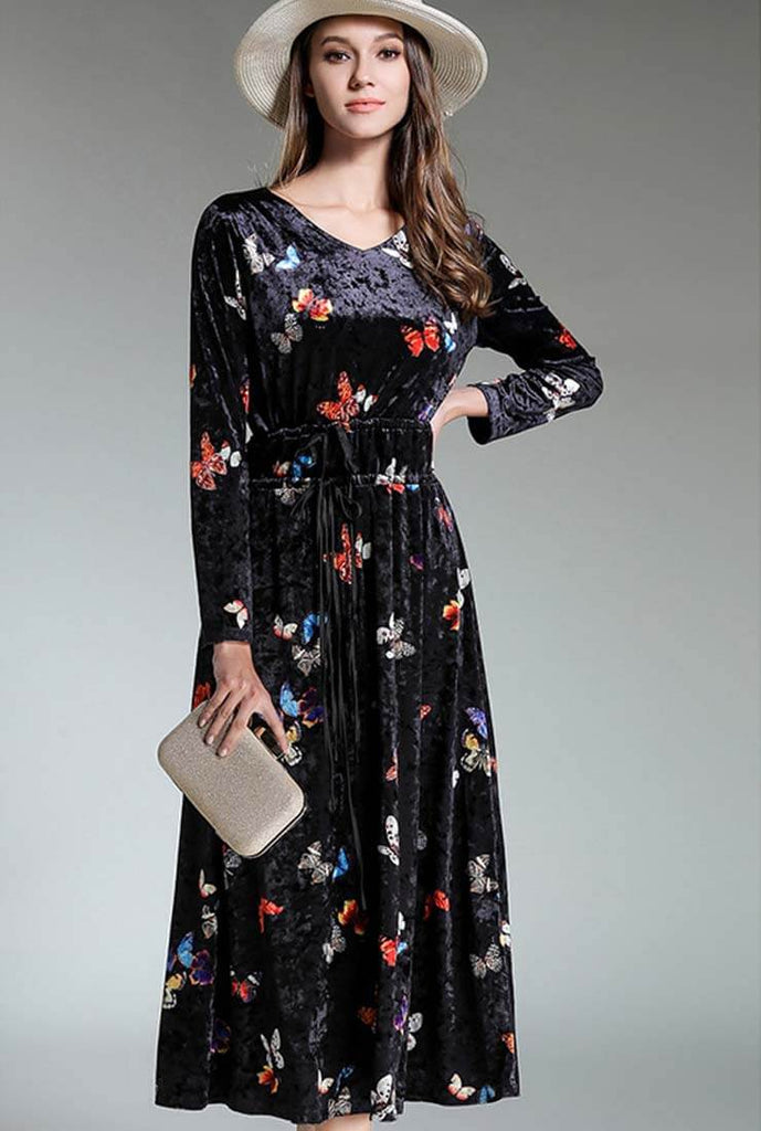 Floral Print Waist Drawstring Velvet Midi Dress