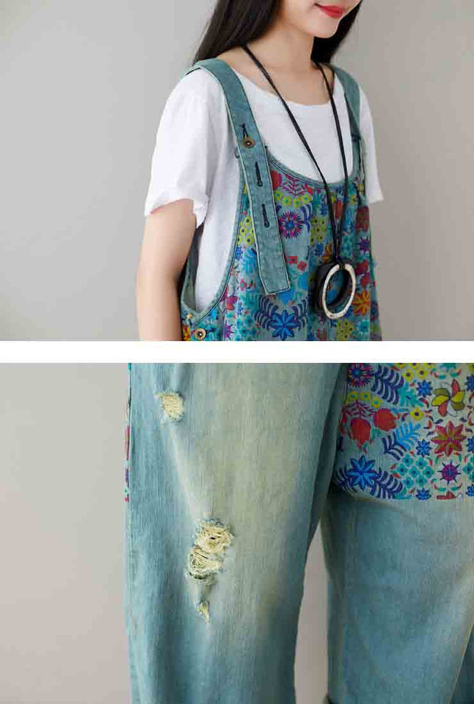 Floral Printed Cotton Overalls Dungarees