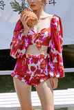 Floral Printed Long-sleeve Bikini Top And High-waist Bottom