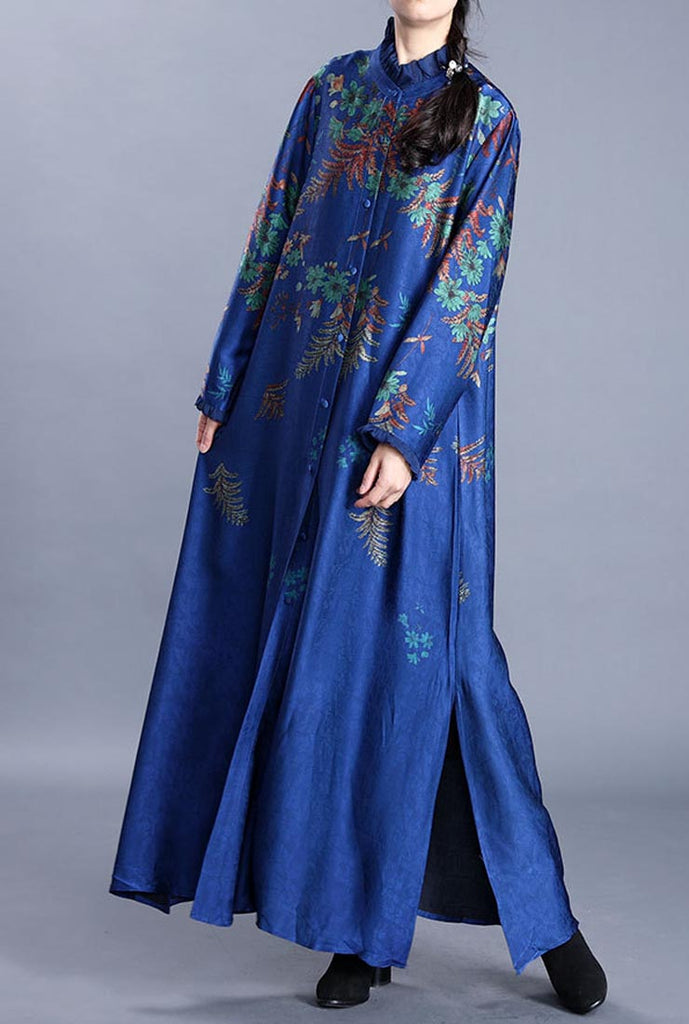 Flounce Neck Floral Print Single-breasted Long Coat