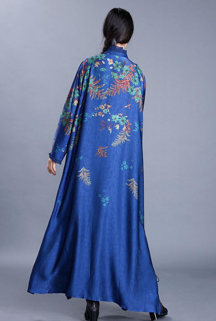 Flounce Neck Floral Print Single-breasted Long Coat