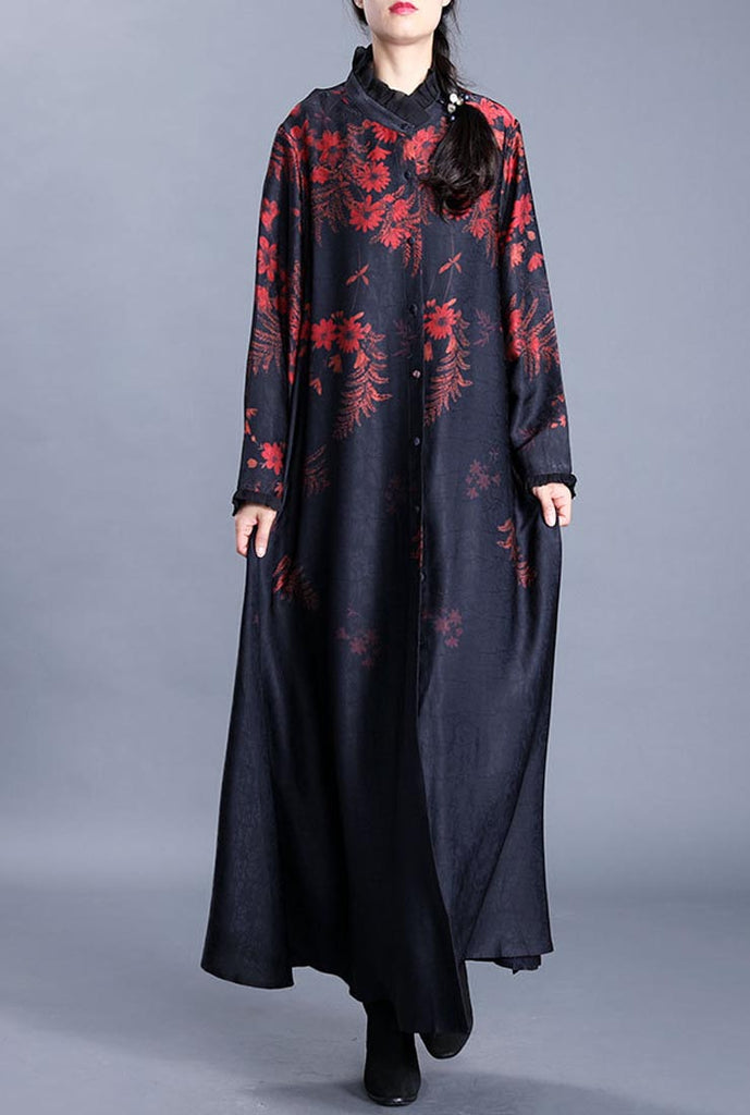 Flounce Neck Floral Print Single-breasted Long Coat