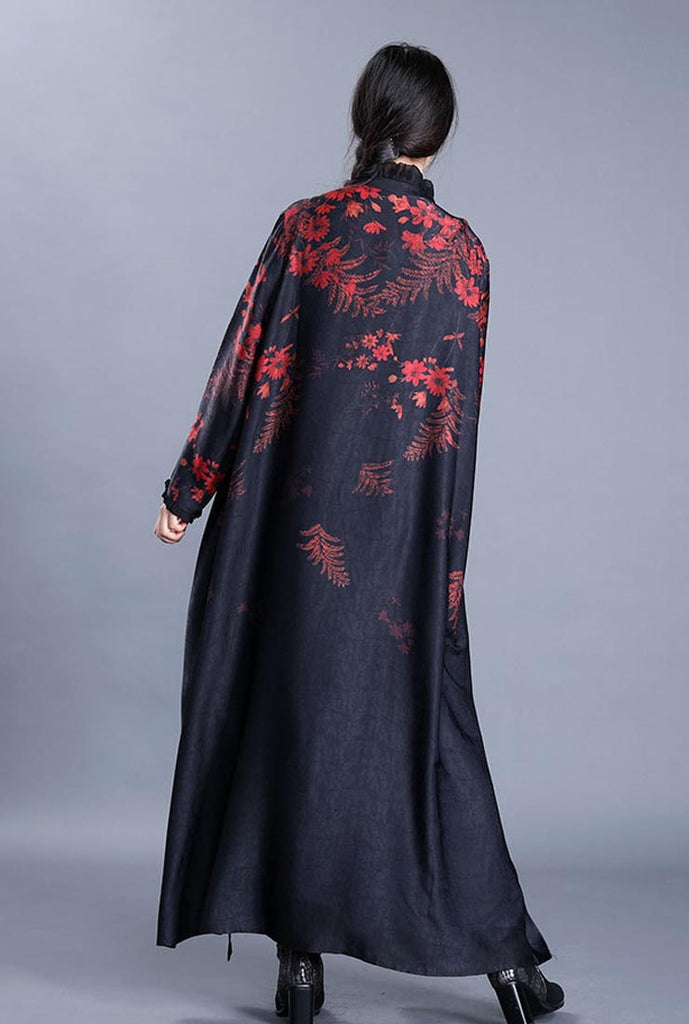 Flounce Neck Floral Print Single-breasted Long Coat