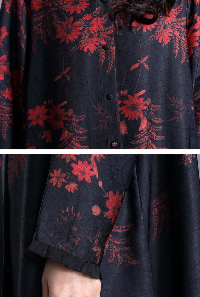 Flounce Neck Floral Print Single-breasted Long Coat