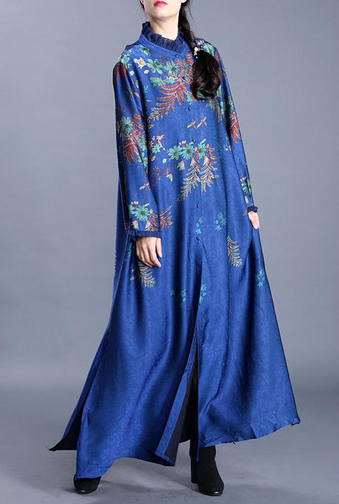 Flounce Neck Floral Print Single-breasted Long Coat