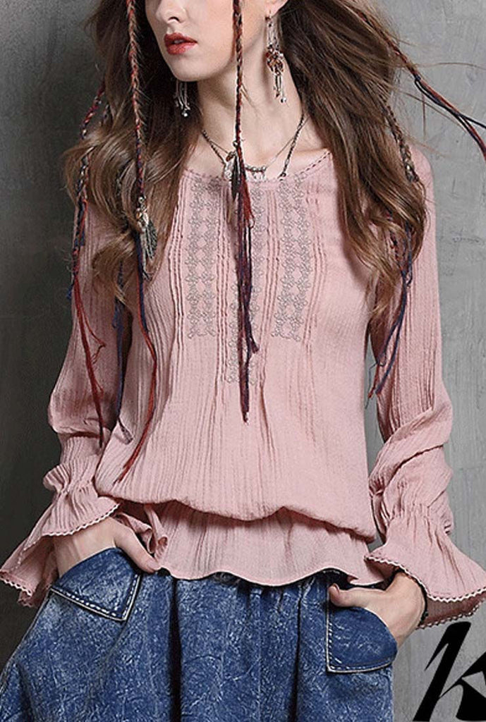 Flounce Round Neck Embroidered Loose Blouse