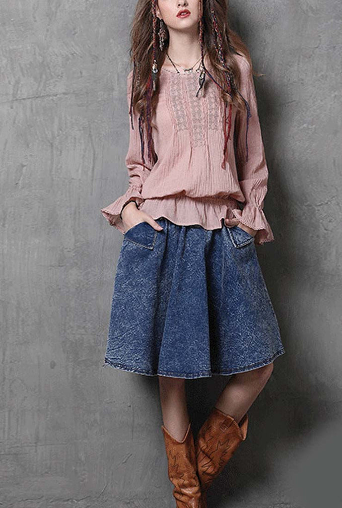 Flounce Round Neck Embroidered Loose Blouse