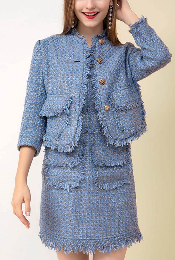 Fringe Trim Blue Tweed Jacket + Midi Dress Two Piece Set