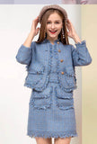 Fringe Trim Blue Tweed Jacket + Midi Dress Two Piece Set