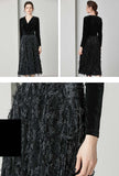 Fringe Velvet Patchwork V-neck Black Midi Dress