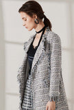 Fringed Blue Tweed Double Breasted Long Coat
