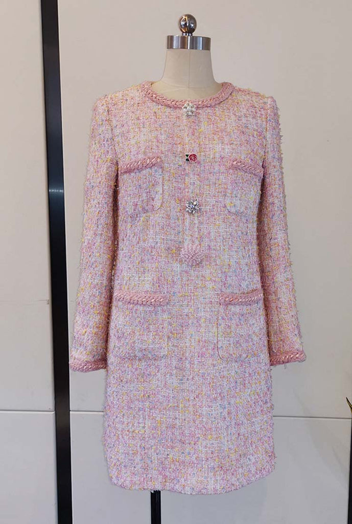 Front Pockets Single Breasted Pink Tweed Mini Dress