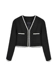 Front Pockets V-neck Black Tweed Short Jacket