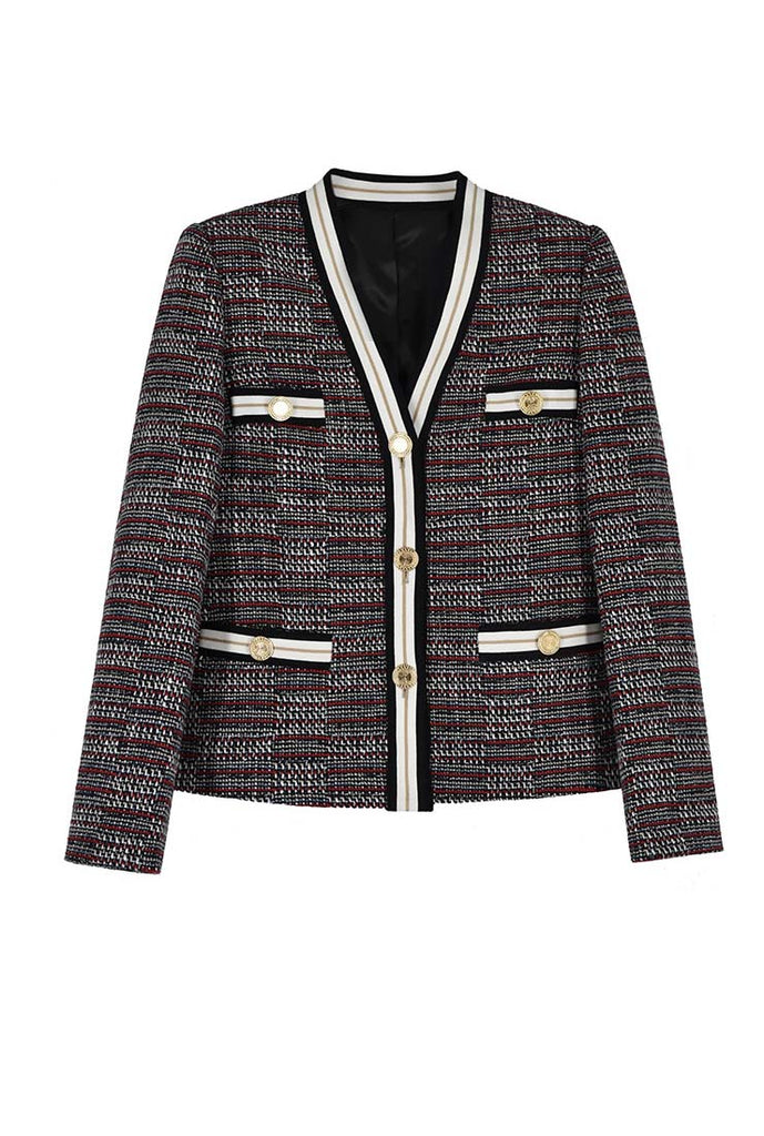 Front Pockets V-neck Tweed Jacket & Short Skirt Suit