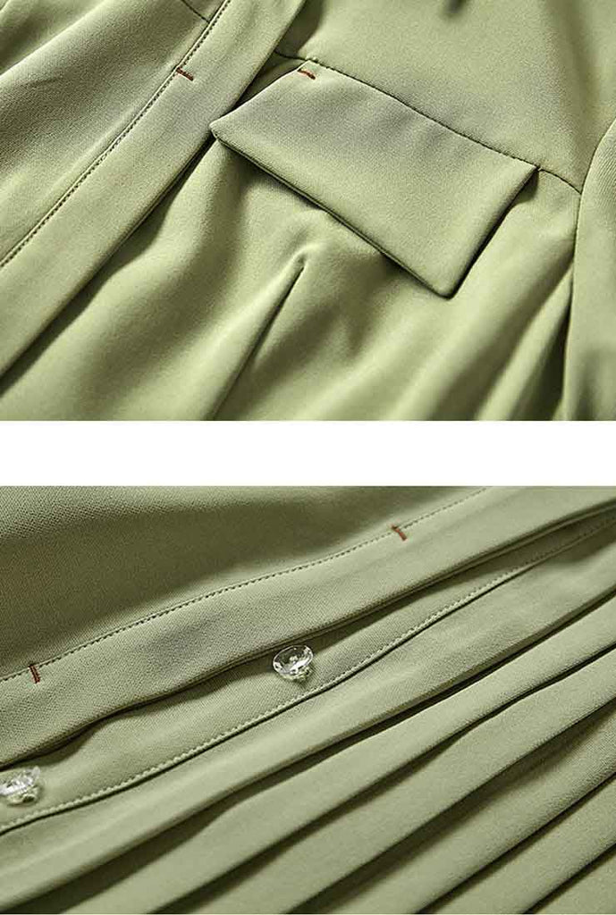 Green Lapel Crumpled Midi A-line Dress