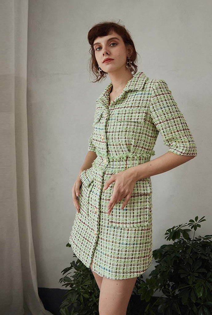 Green Plaid Chanel Tweed Shirt Mini Dress