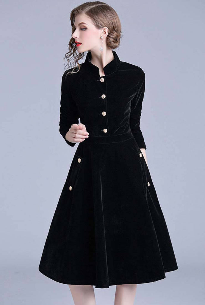 Hepburn Black Long Sleeve Velvet Midi dress